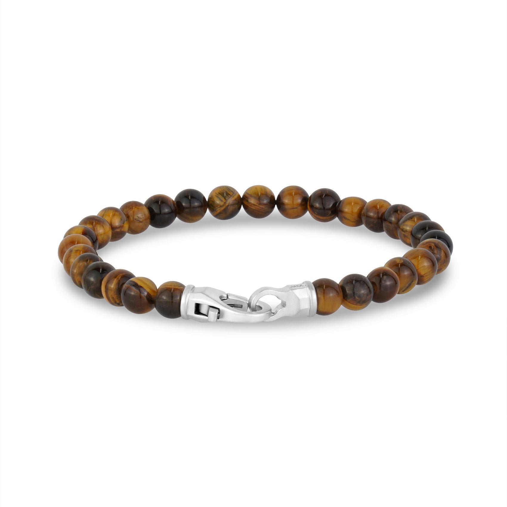Mens Steel Bead Bracelets - 6mm Matte Steel Clasp Tiger Eye Bead Bracelet