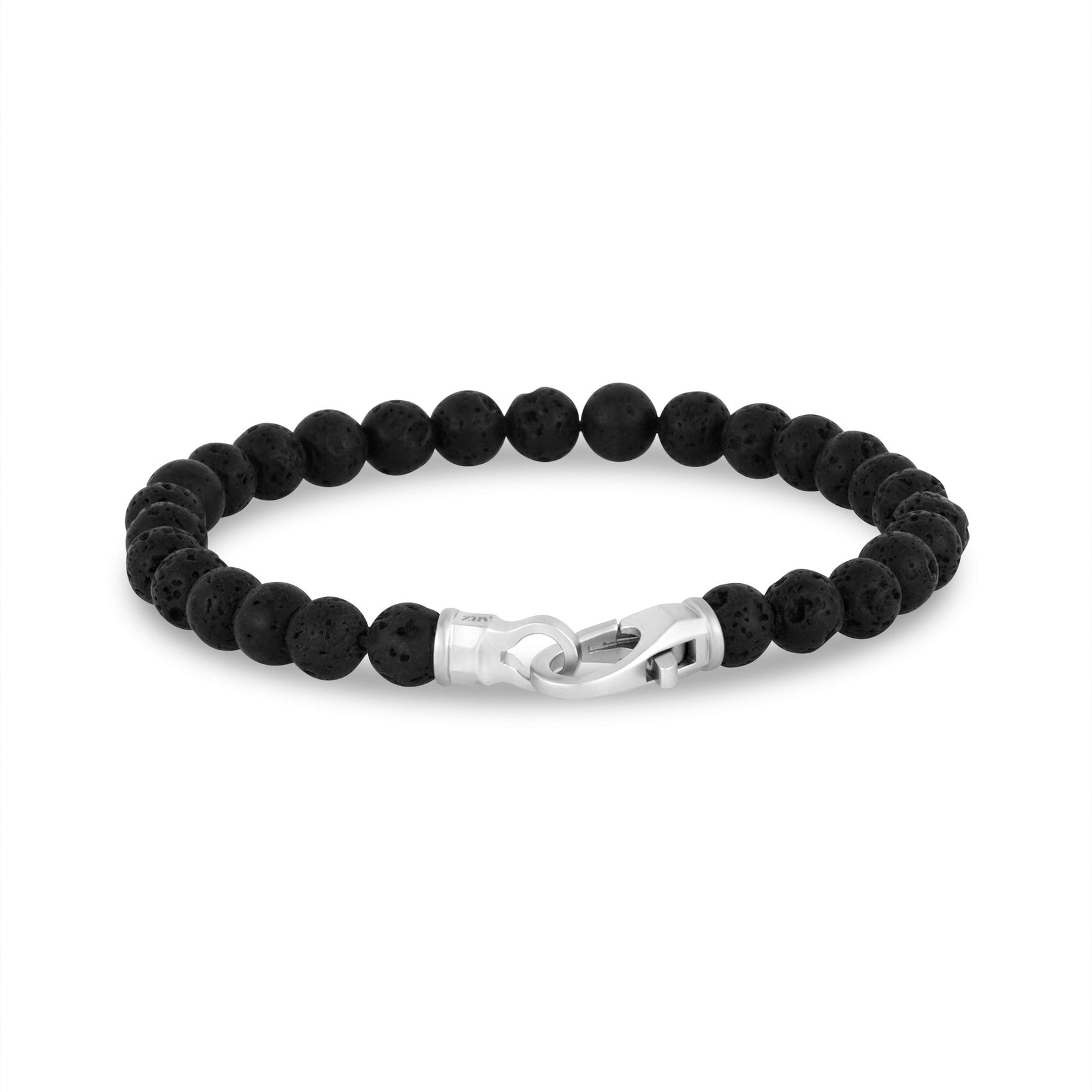 Mens Steel Bead Bracelets - 6mm Matte Steel Clasp Black Lava Bead Bracelet