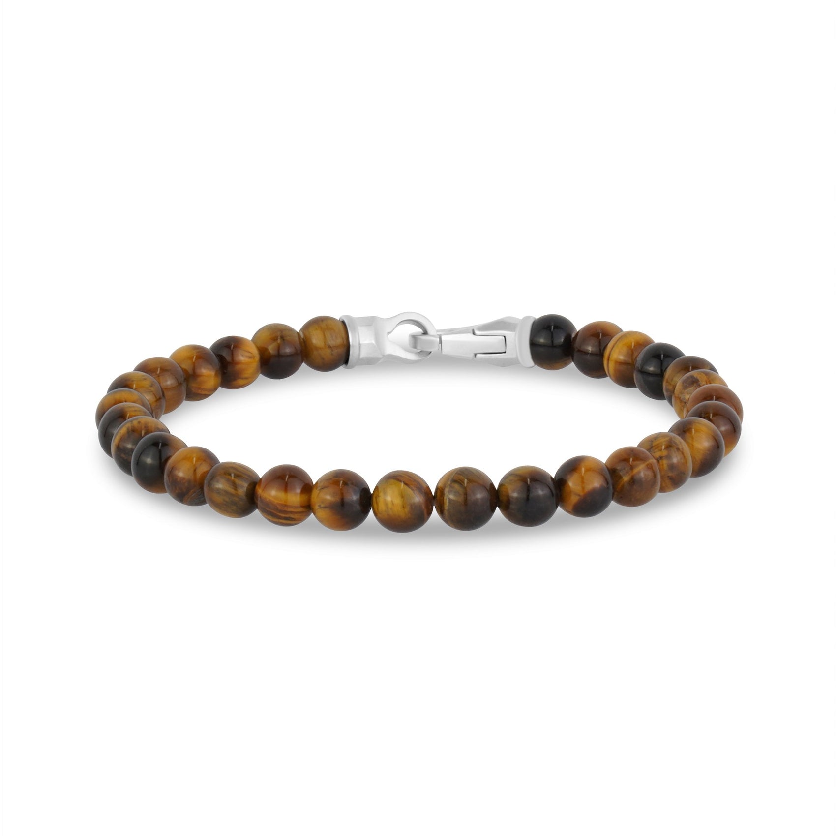 Mens Steel Bead Bracelets - 6mm Matte Steel Clasp TIger Eye Bead Bracelet