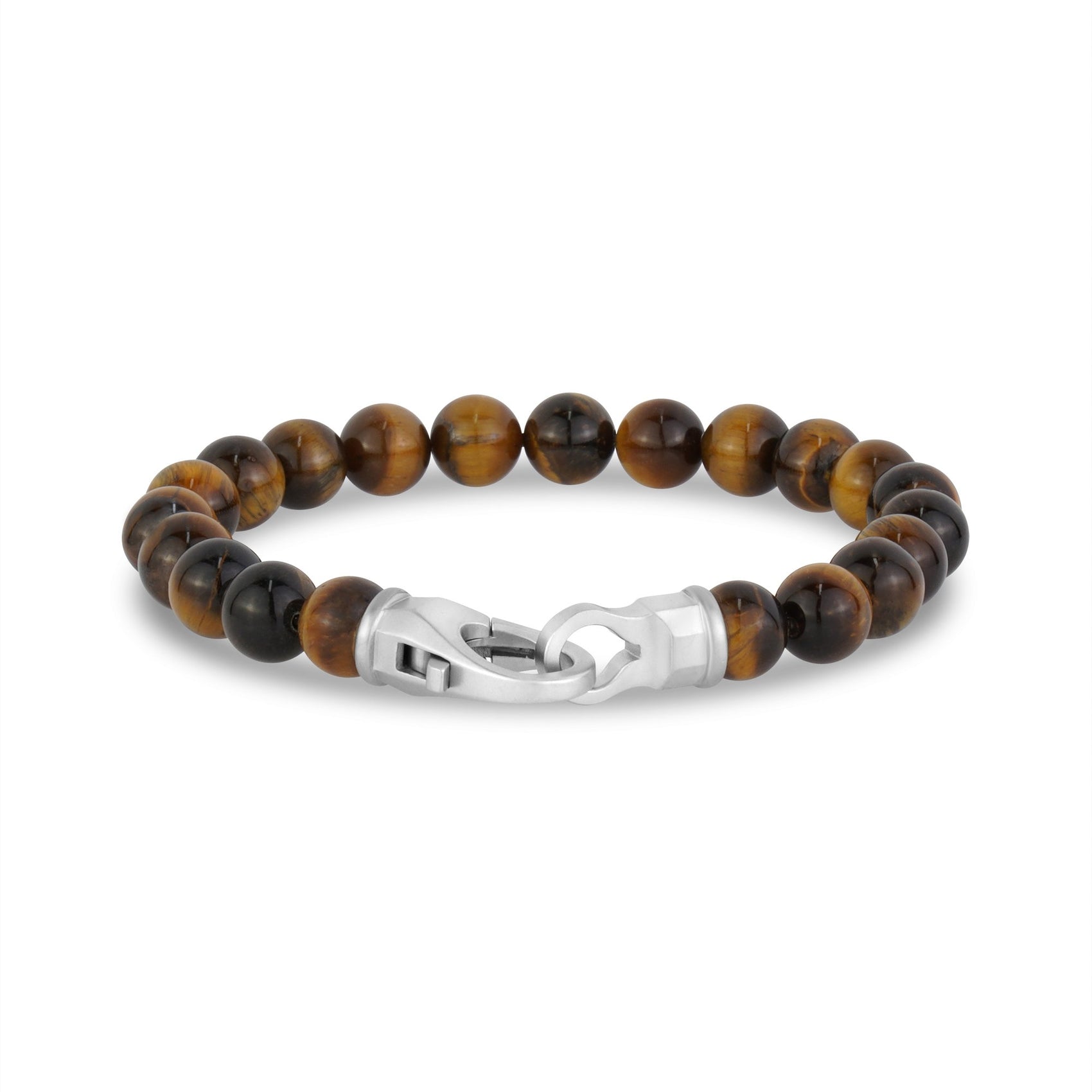 Mens Steel Bead Bracelets - 8mm Matte Steel Clasp Tiger Eye Bead Bracelet