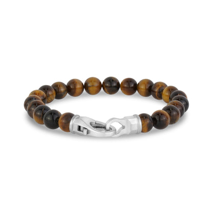Mens Steel Bead Bracelets - 8mm Matte Steel Clasp Tiger Eye Bead Bracelet