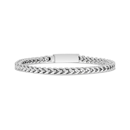 Close-up of a 4mm stainless steel Franco link bracelet with a polished finish  
