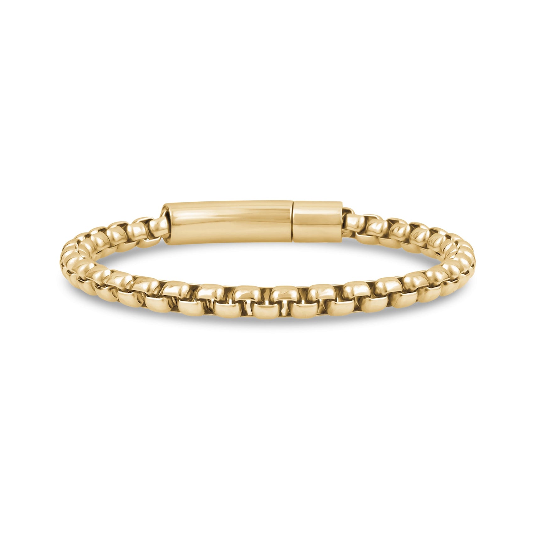 Gold men's box link bracelet with polished links and secure clasp