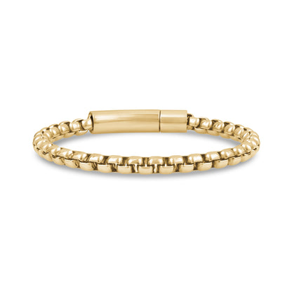 Gold men's box link bracelet with polished links and secure clasp