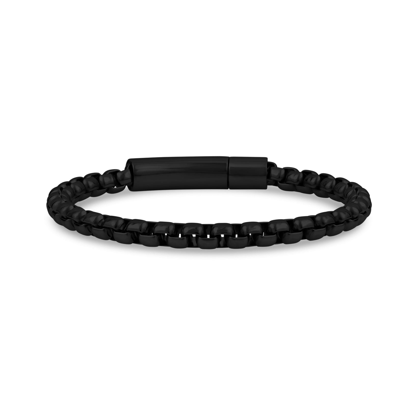 Black men's box link bracelet with shiny finish and secure clasp