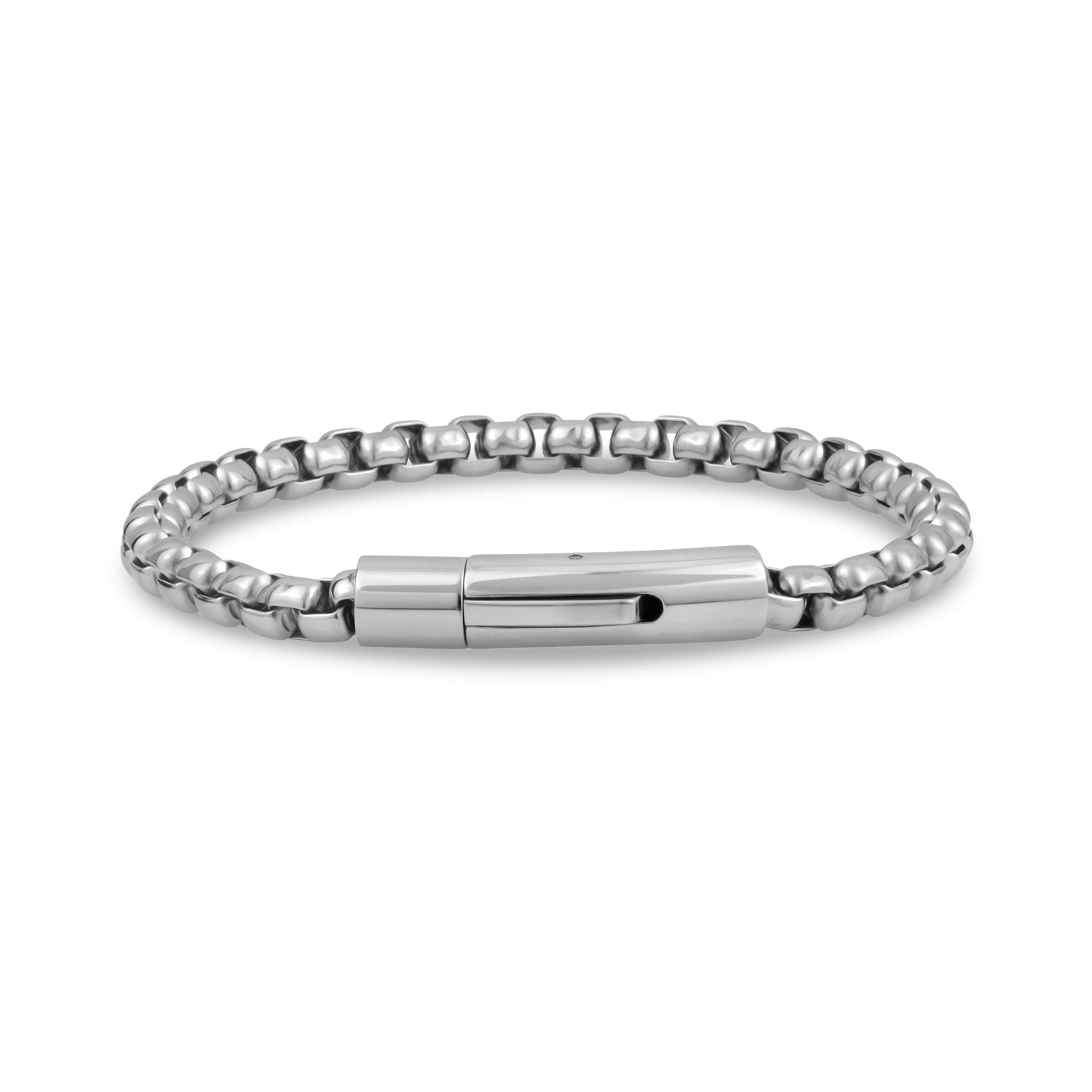 Close-up of silver men's box link bracelet showing secure clasp and rounded links
