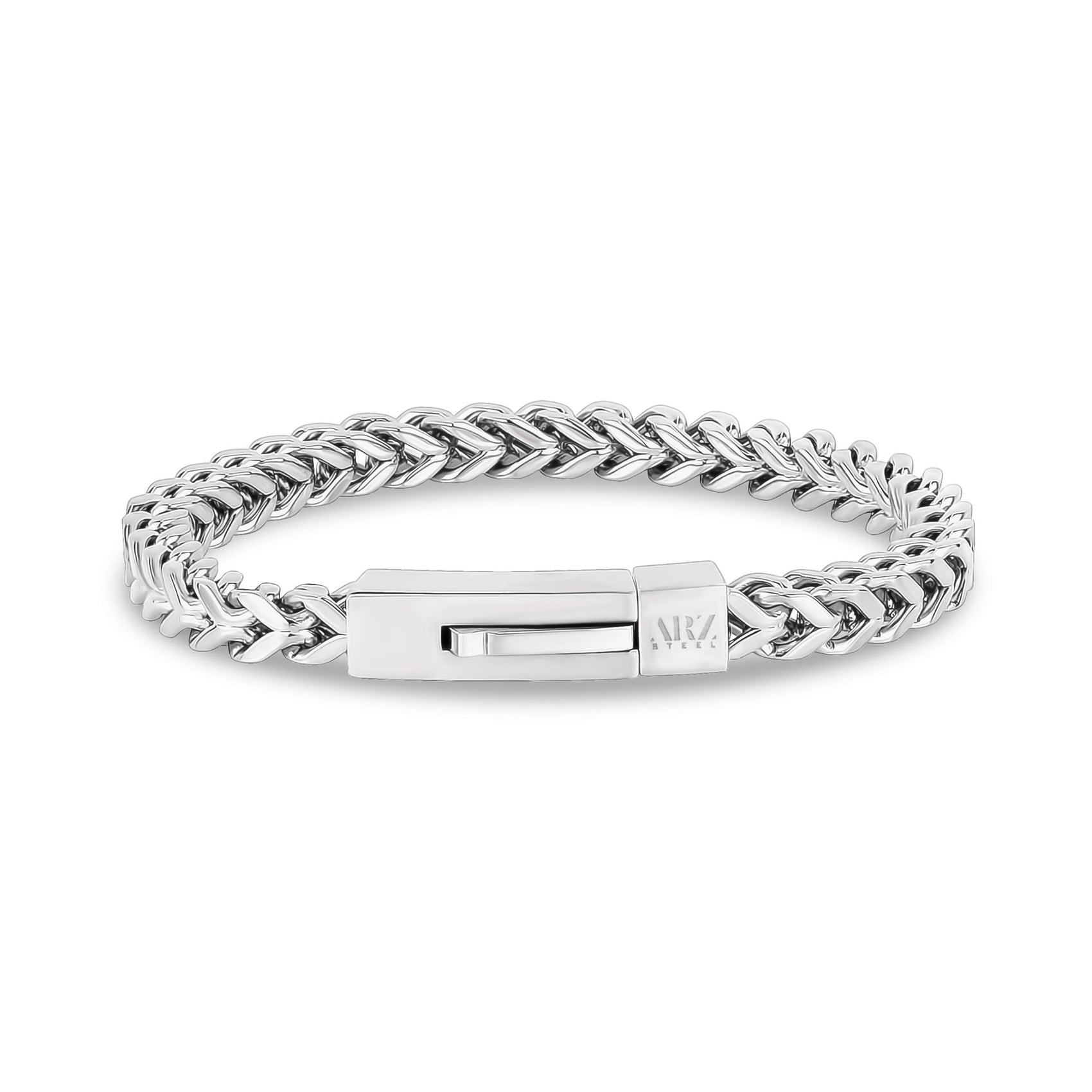 Stainless steel Franco link bracelet designed for everyday wear, showcasing a smooth, shiny surface  