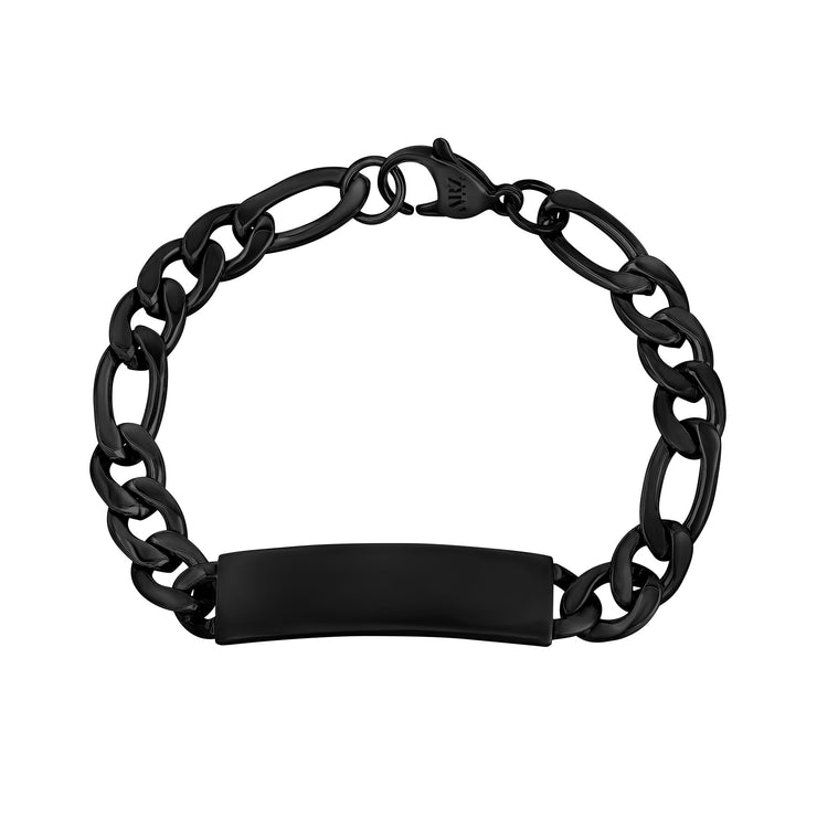 Mens Steel Bracelets - 9mm Black Stainless Steel Figaro Link Engravable ID Bracelet