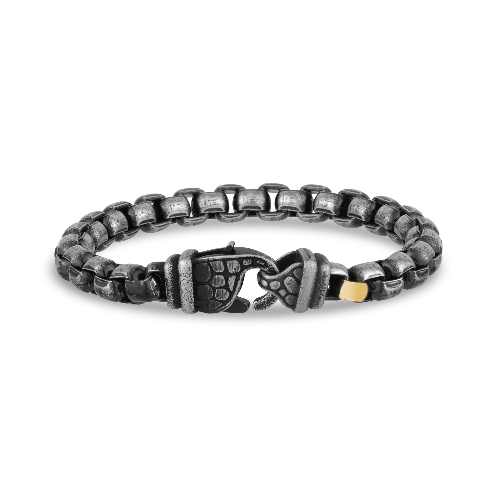 Mens Steel Bracelets - Antiqued Steel Round Box Link Bracelet