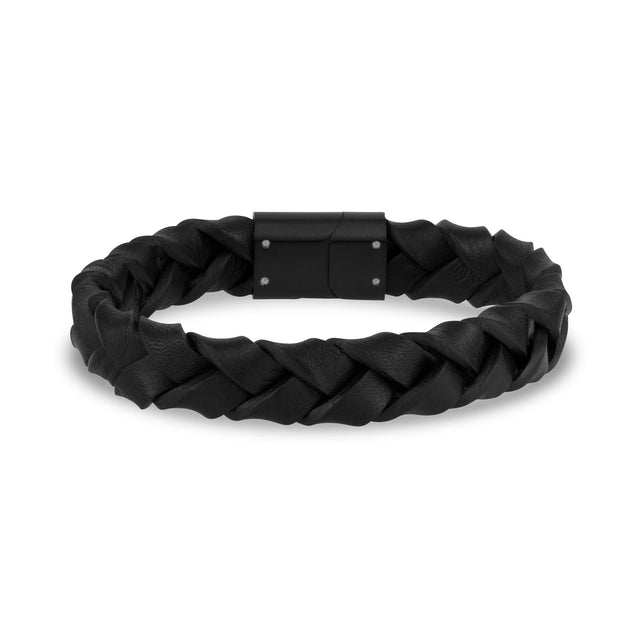 Mens Steel Leather Bracelets - 11mm Woven Black Leather Steel Clasp Engravable Bracelet