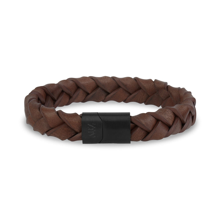 Mens Steel Leather Bracelets - 11mm Woven Brown Leather Steel Clasp Engravable Bracelet