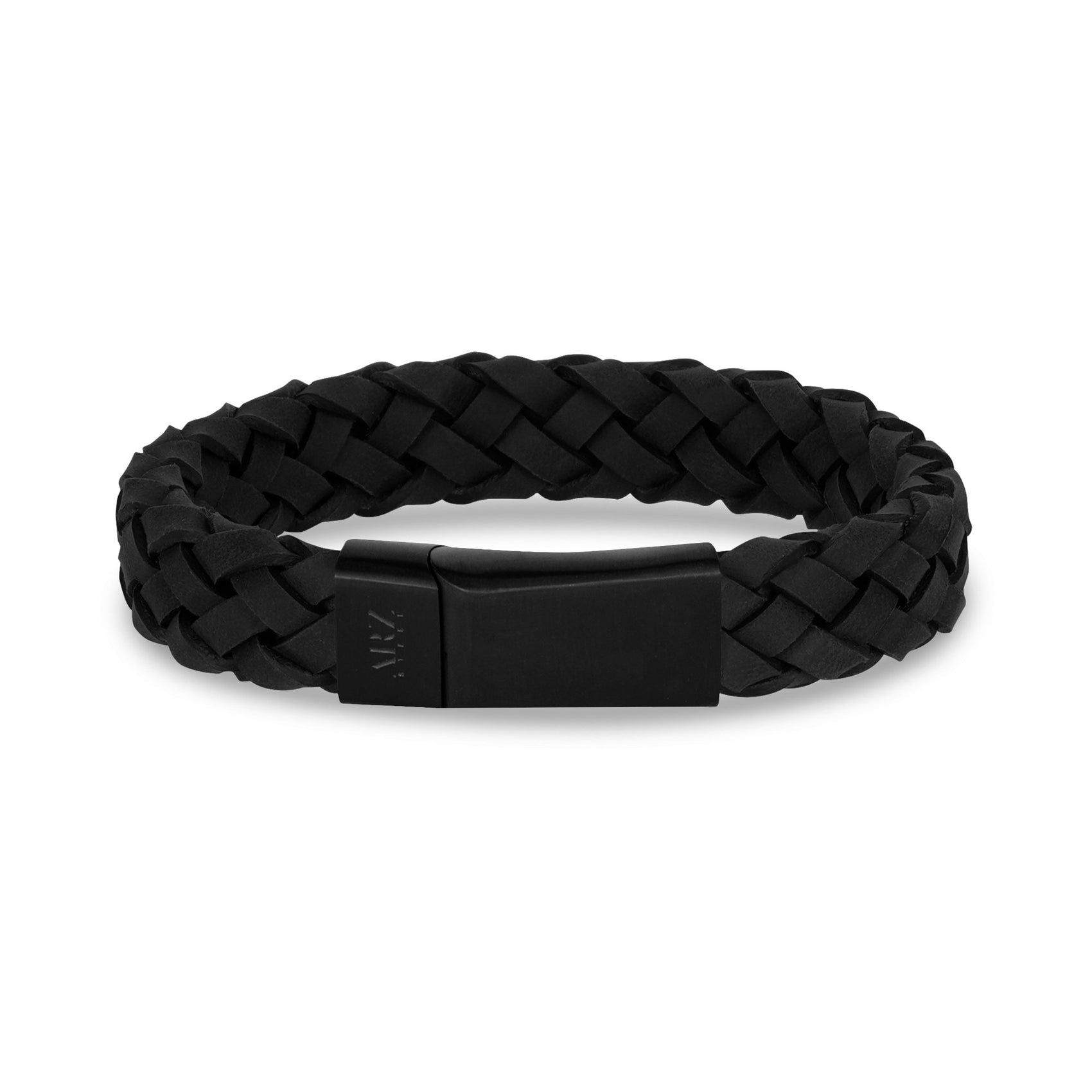 Mens Steel Leather Bracelets - 12mm Black Leather Matte Black Clasp Engravable Bracelet
