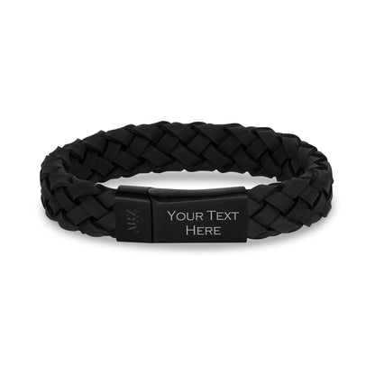 Mens Steel Leather Bracelets - 12mm Black Leather Engravable Bracelet Engraved on Outside
