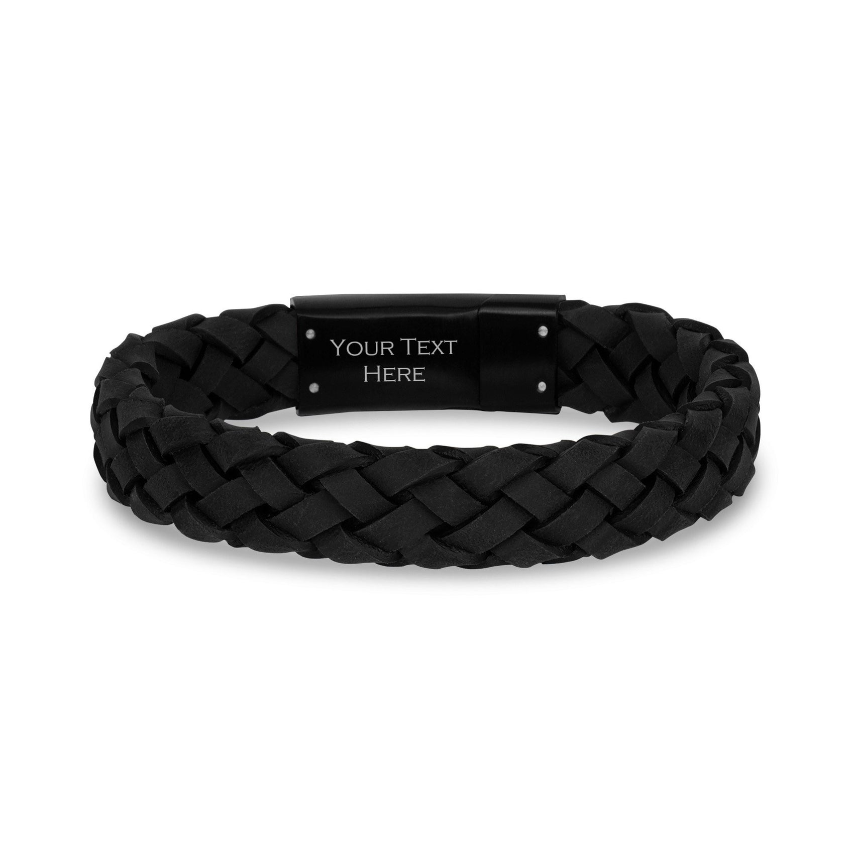 Mens Steel Leather Bracelets - 12mm Black Leather Engravable Bracelet Engraved on Inside