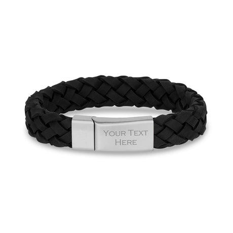 Mens Steel Leather Bracelets - Personalized 12mm Black Leather Engravable Steel Bracelet