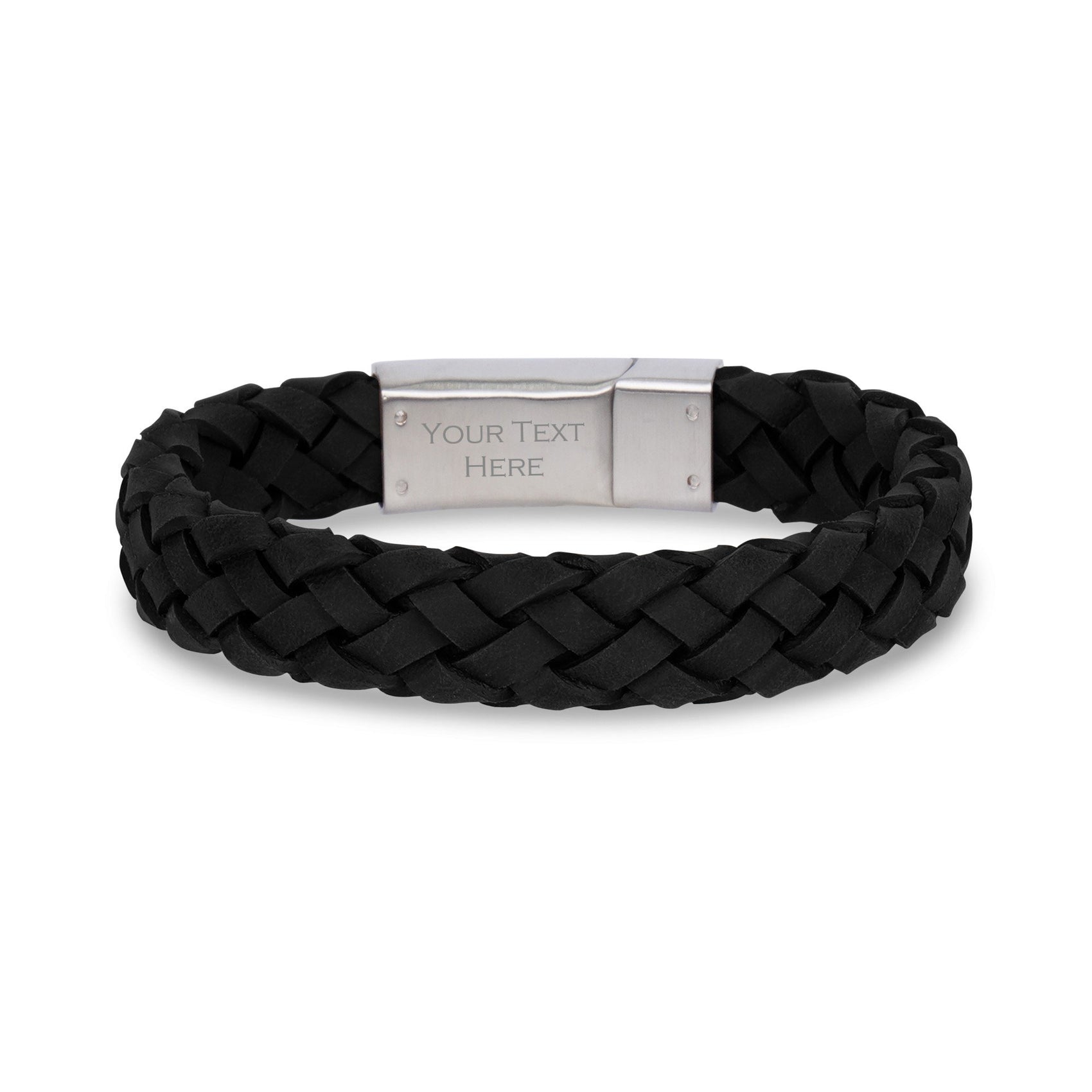 Mens Steel Leather Bracelets - 12mm Black Leather Engravable Steel Bracelet Engraved on Inside