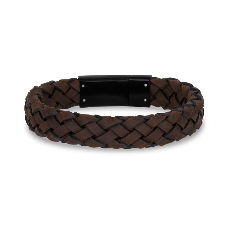 Mens Steel Leather Bracelets - 12mm Brown Leather Black Clasp Engravable Bracelet