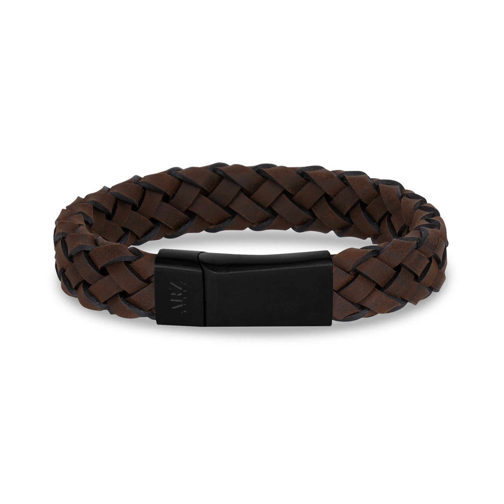 Mens Steel Leather Bracelets - 12mm Brown Leather Matte Black Clasp Engravable Bracelet