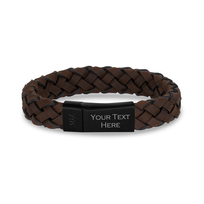 Mens Steel Leather Bracelets - 12mm Brown Leather Engravable Bracelet Engraved on Outside