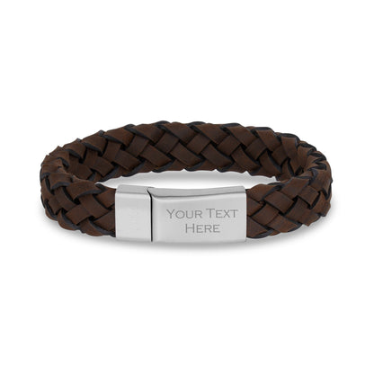 Mens Steel Leather Bracelets - 12mm Brown Leather Engravable Bracelet Engraved on Outside