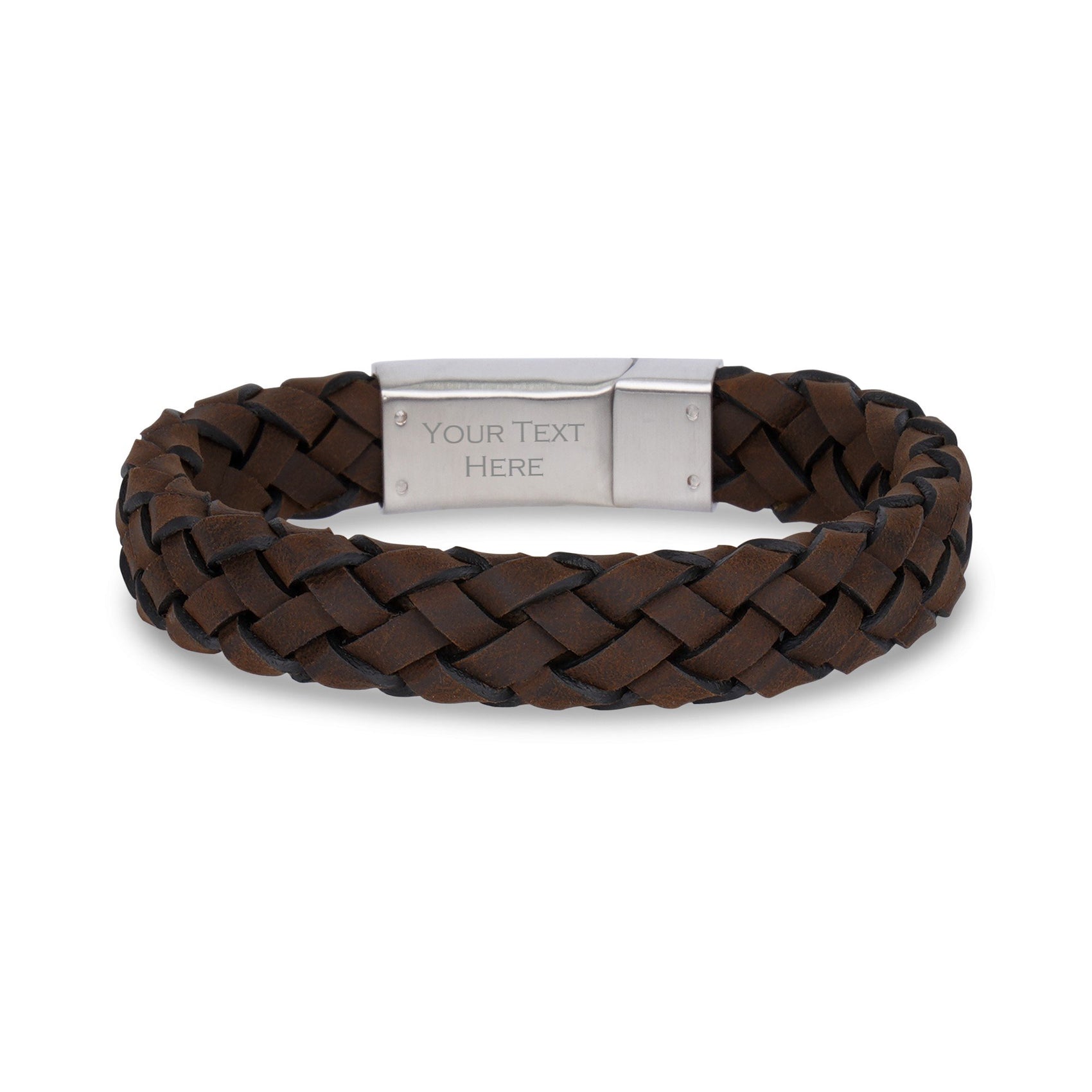 Mens Steel Leather Bracelets - 12mm Brown Leather Engravable Bracelet Engraved on Inside