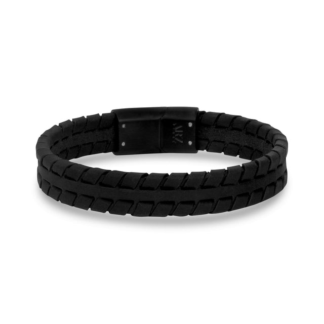 Mens Steel Leather Bracelets - 12mm Engravable Tire Track Black Leather Bracelet