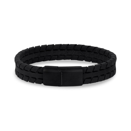 Mens Steel Leather Bracelets - 12mm Engravable Tire Track Matte Leather Bracelet