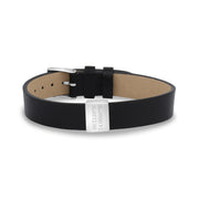 Mens Steel Leather Bracelets - 12mm Flat Leather Steel Charm Engravable Coordinates Bracelet