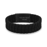 Mens Steel Leather Bracelets - 19mm Tire Track Engravable Black Leather Bracelet
