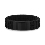 Mens Steel Leather Bracelets - 19mm Tire Track Engravable Black Leather Bracelet
