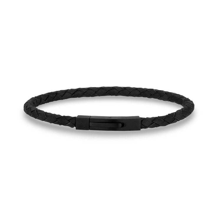 Mens Steel Leather Bracelets - 4mm Black Leather Engravable Bracelet