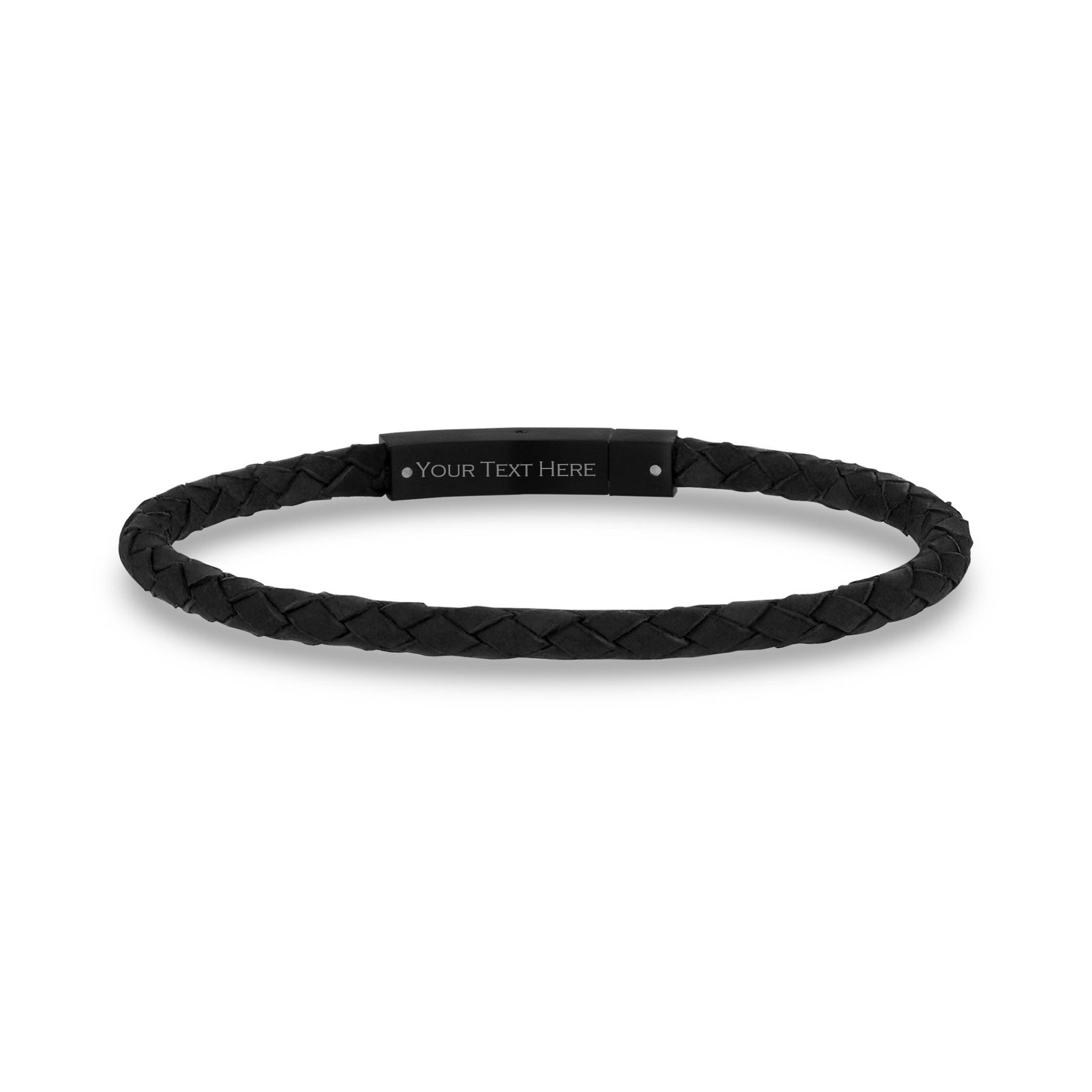 Engravable Thin Black Leather Bracelet with Black Clasp for Mens 8 Inches / Black