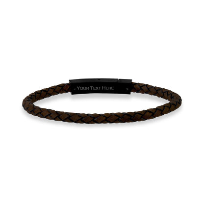 Mens Steel Leather Bracelets - 4mm Engravable Dark Brown Leather Bracelet