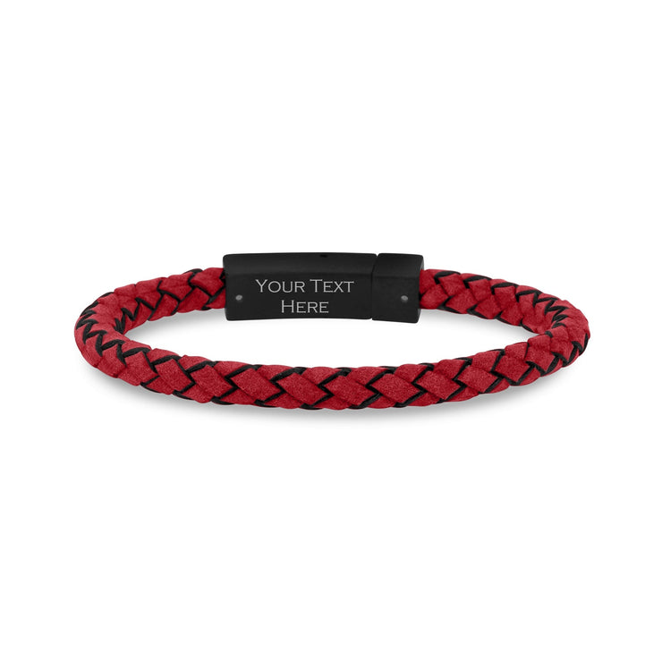 Mens Steel Leather Bracelets - 6mm Engraved Red Leather Engravable Bracelet
