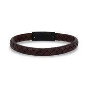 Mens Steel Leather Bracelets - 8mm Flat Brown Leather Engravable Matte Black Clasp Bracelet