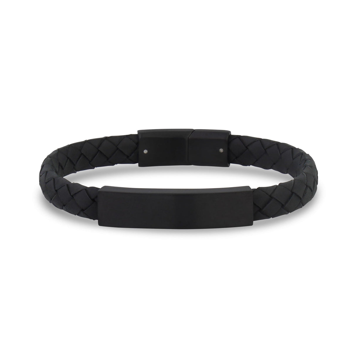 Mens Steel Leather Bracelets - 8mm Flat Leather Engravable Black ID Bracelet