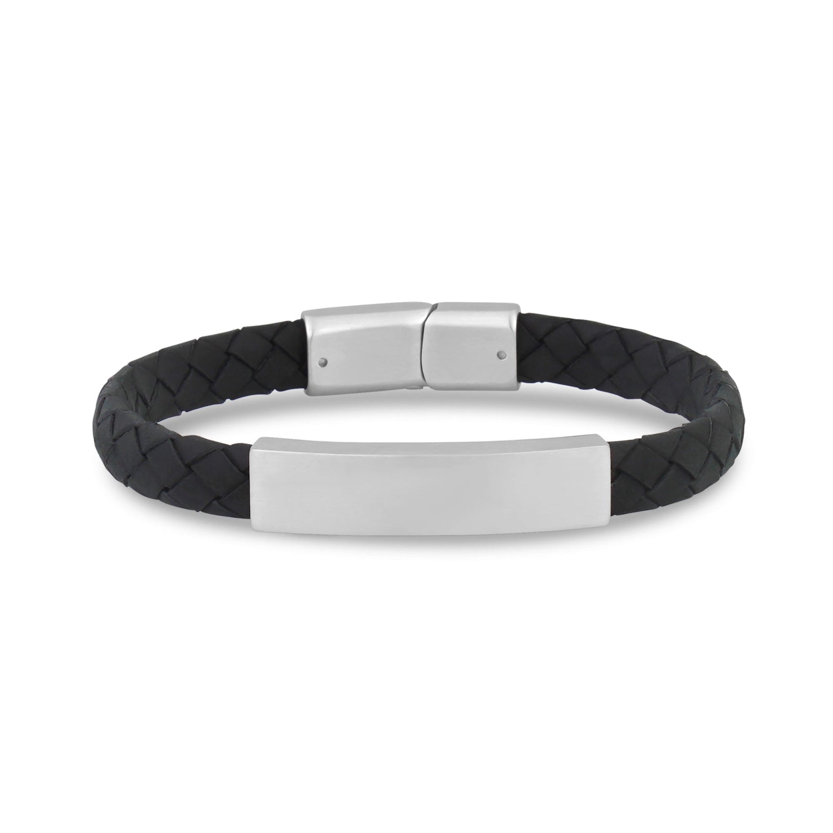 Mens Steel Leather Bracelets - 8mm Flat Leather Engravable Silver ID Bracelet