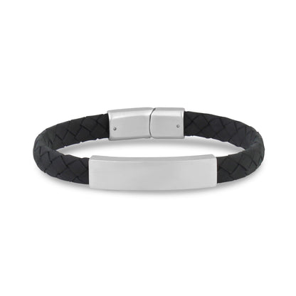 Mens Steel Leather Bracelets - 8mm Flat Leather Engravable Silver ID Bracelet