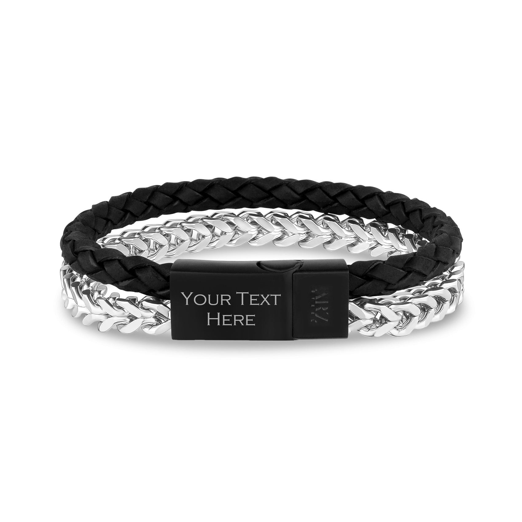 Mens Steel Leather Bracelets - Black Leather Franco Link Engravable Bracelet