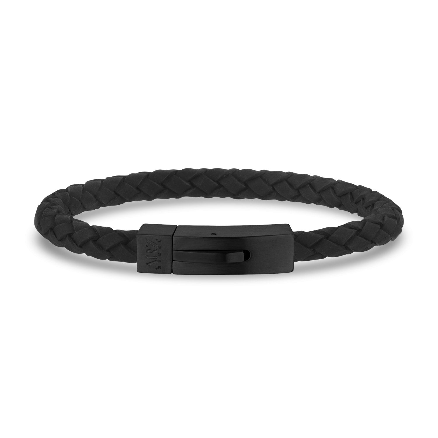 Close-up of 6mm black braided leather bracelet with matte black stainless steel clasp  