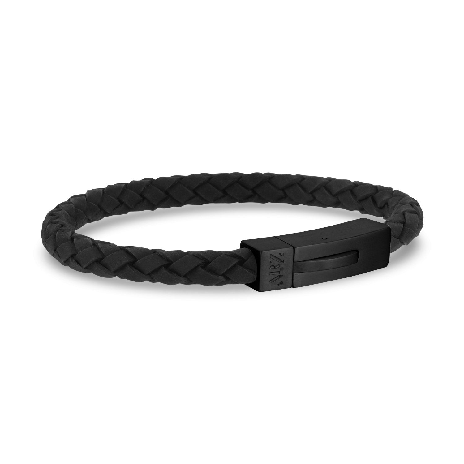 Elegant men’s leather bracelet with subtle texture and sturdy black stainless steel clasp detail  