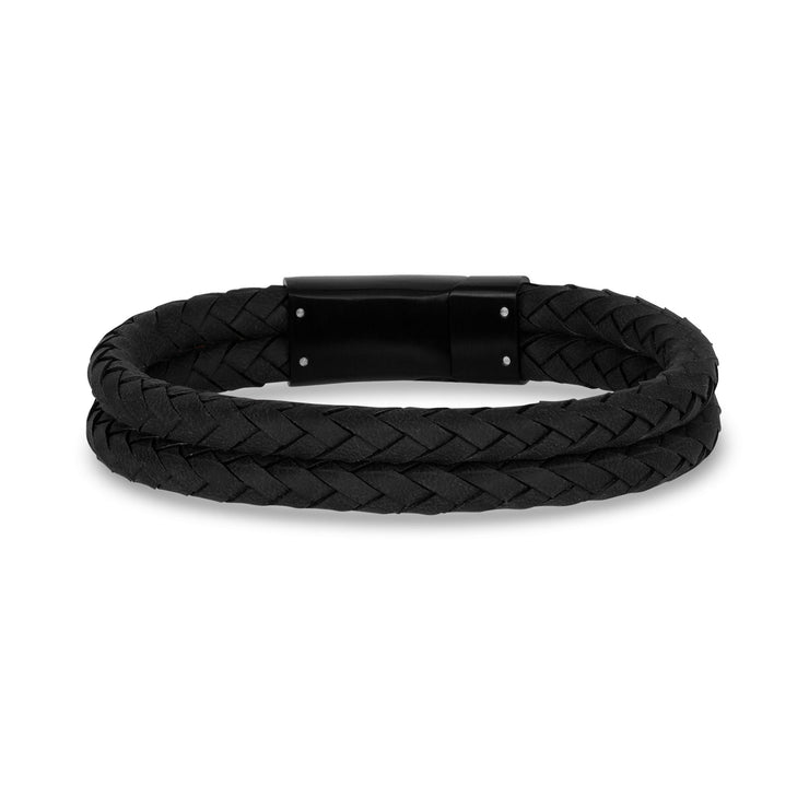 Mens Steel Leather Bracelets - Double Row Black Leather Engravable Bracelet