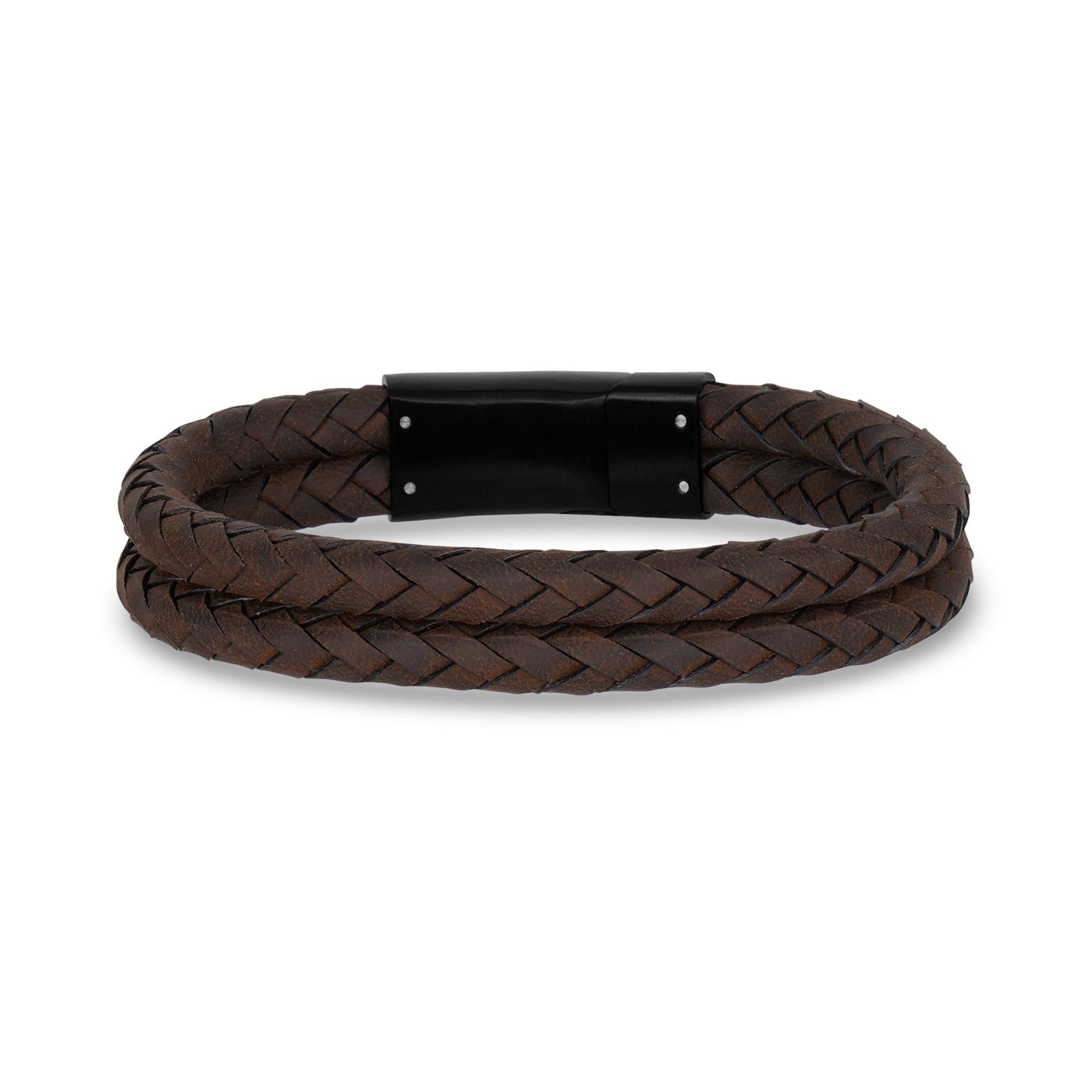Mens Steel Leather Bracelets - Double Row Brown Leather Engravable Bracelet