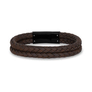 Mens Steel Leather Bracelets - Double Row Brown Leather Engravable Bracelet