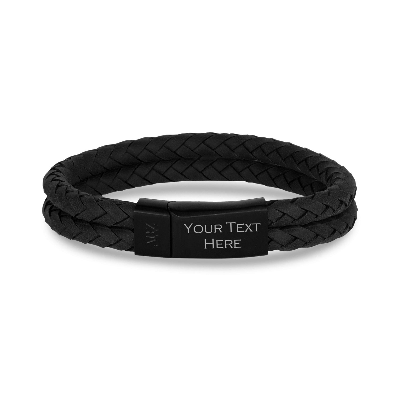 Mens Steel Leather Bracelets - Double Row Black Leather Engravable Bracelet Engraved on Outside