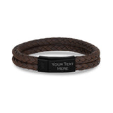 Mens Steel Leather Bracelets - Double Row Brown Leather Engravable Bracelet Engraved on Outside