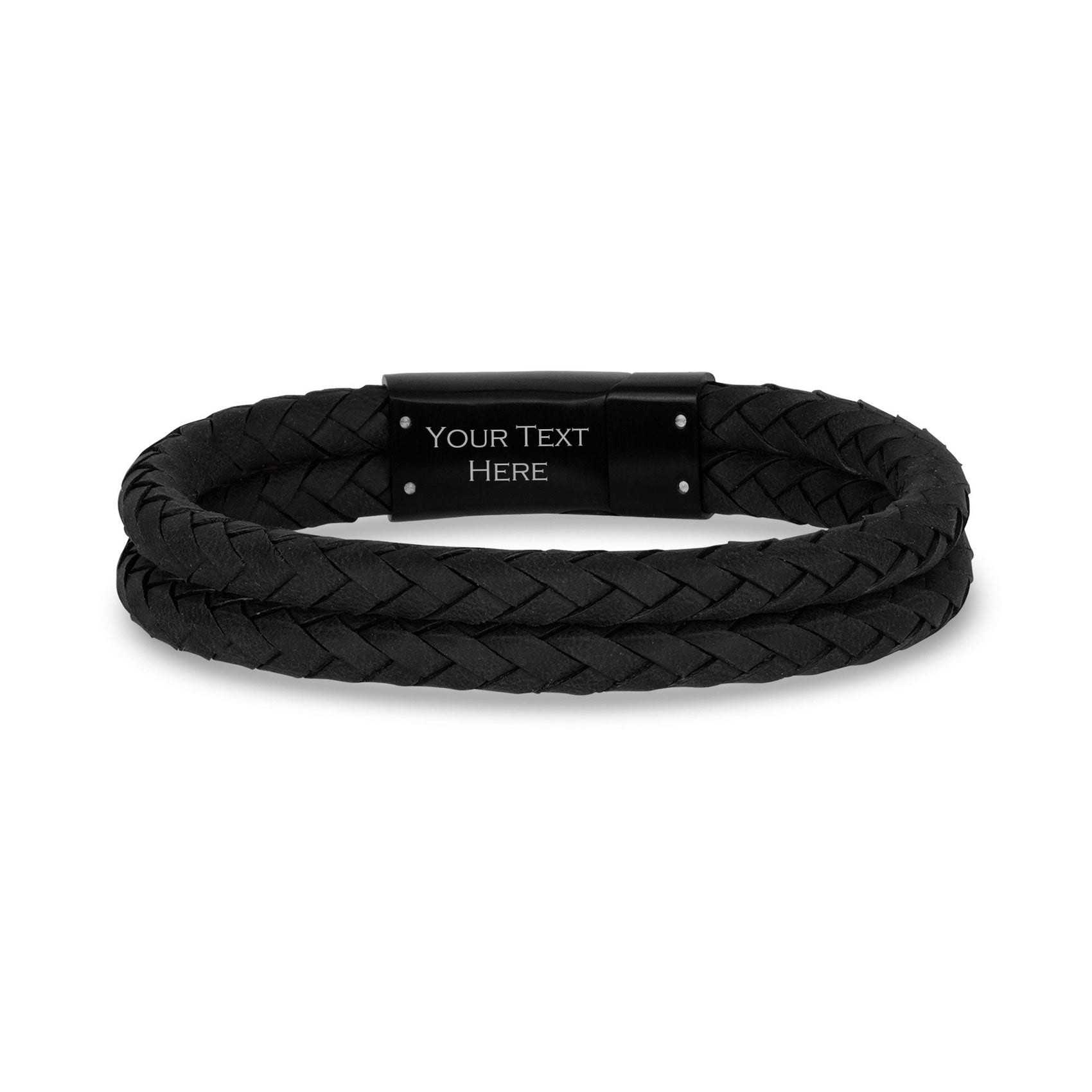 Mens Steel Leather Bracelets - Double Row Black Leather Engravable Bracelet Engraved on Inside