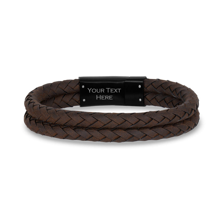 Mens Steel Leather Bracelets - Double Row Brown Leather Engravable Bracelet Engraved on Inside
