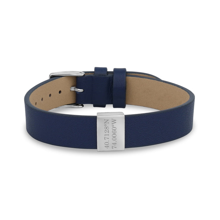 Mens Steel Leather Bracelets - Flat Blue Leather Engravable Coordinates Name Charm Bracelet