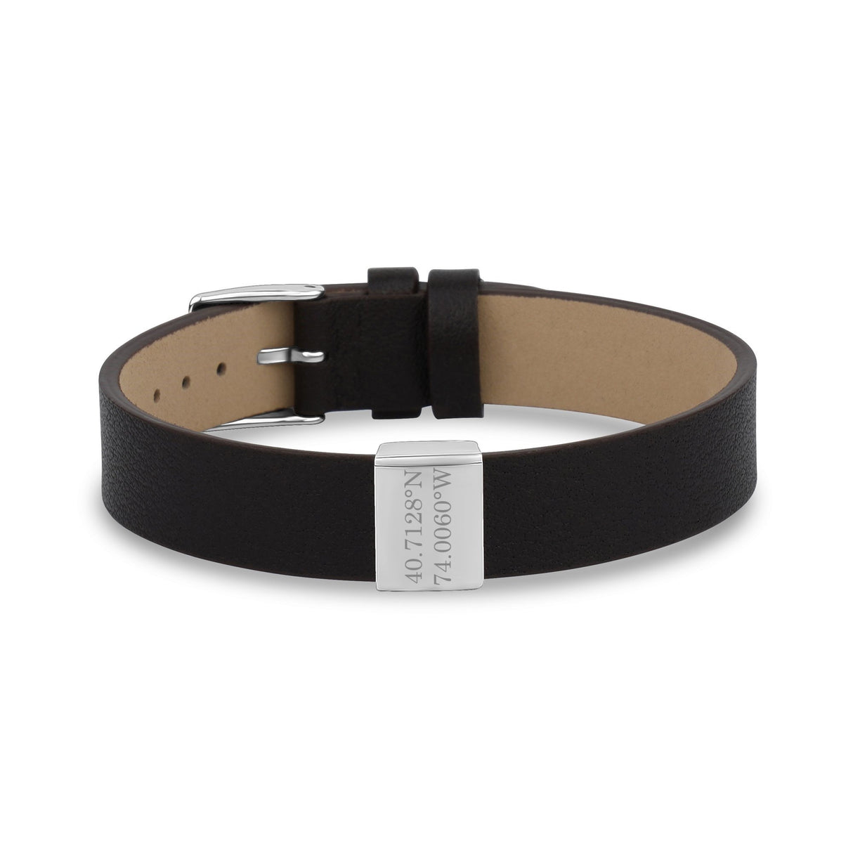 Mens Steel Leather Bracelets - Flat Leather Dark Brown Engravable Charm Coordinates Name Bracelet